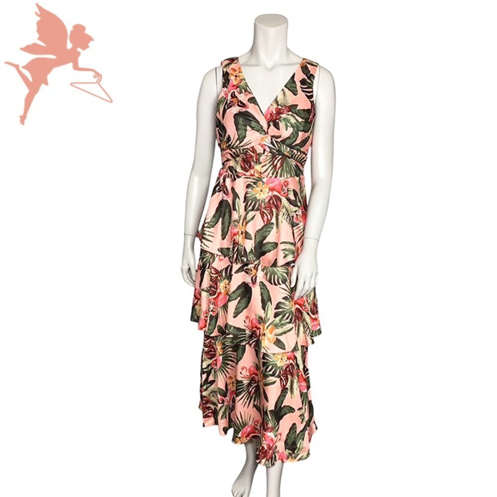 SAM EDELMAN RARE Tropical Flamingo Print Tiered Skirt Dress